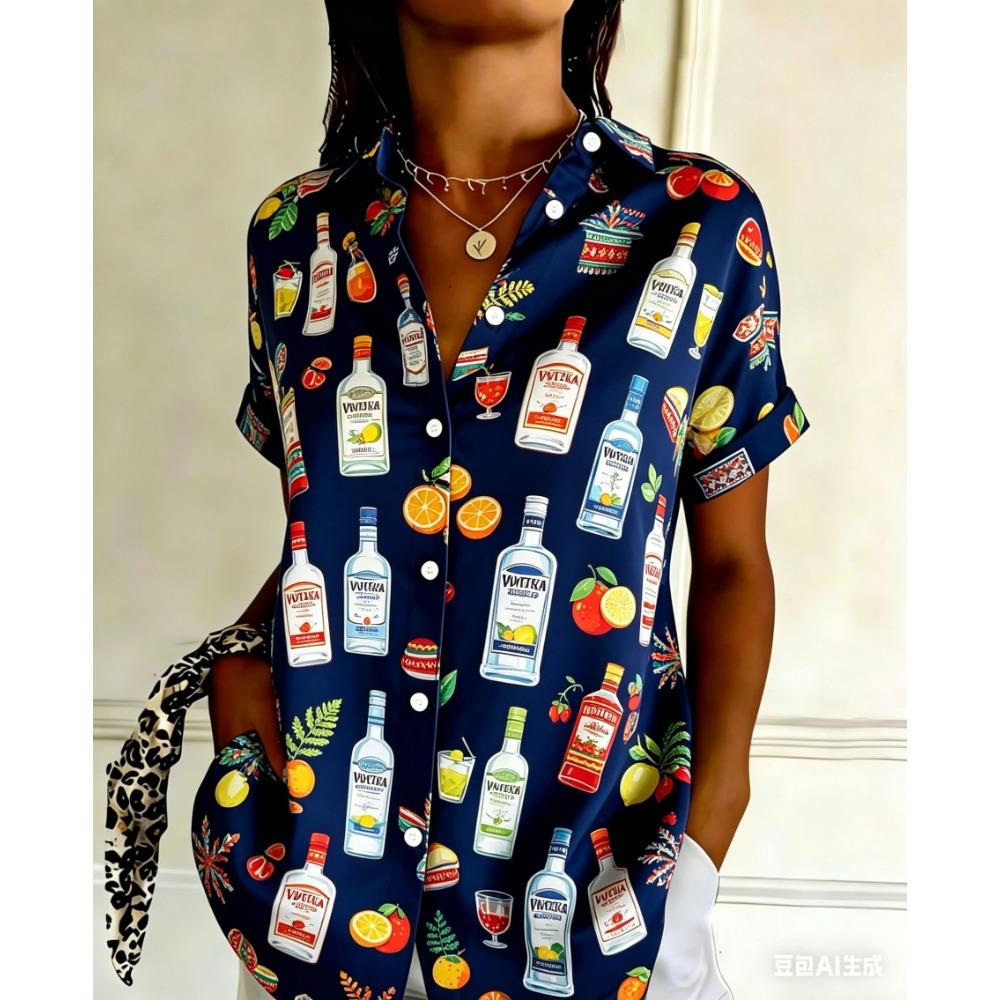 Women's Retro Geometric Striped Printed Button Short Sleeved Shirt with a Lapel Top, Summer Casual Short Sleeved Shirt