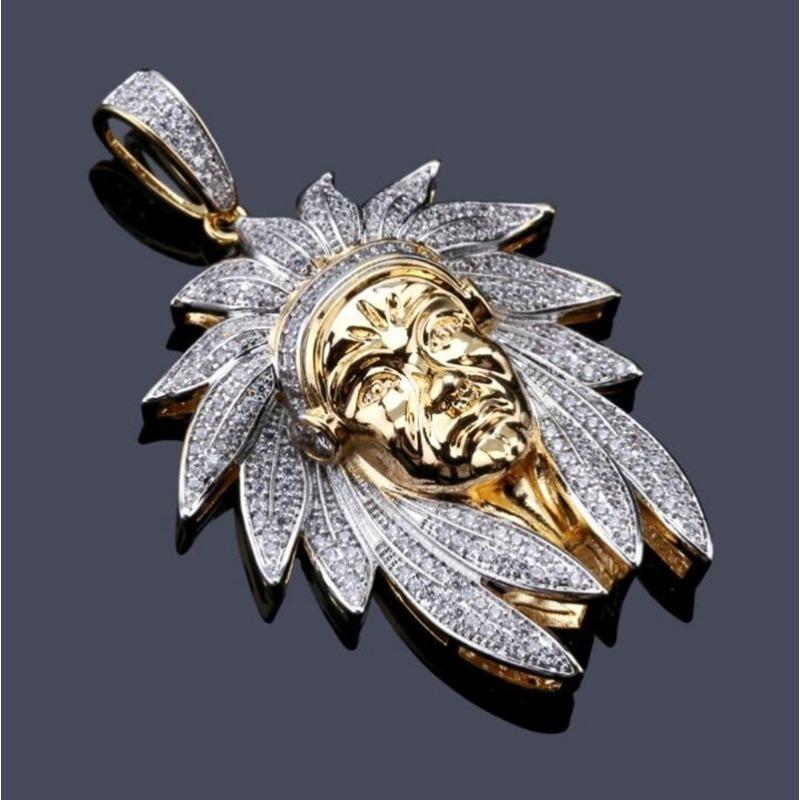 Pendentif et Collier Coiffe de Chef Indien Bijoux Hip Hop pour Homme Chaîne
