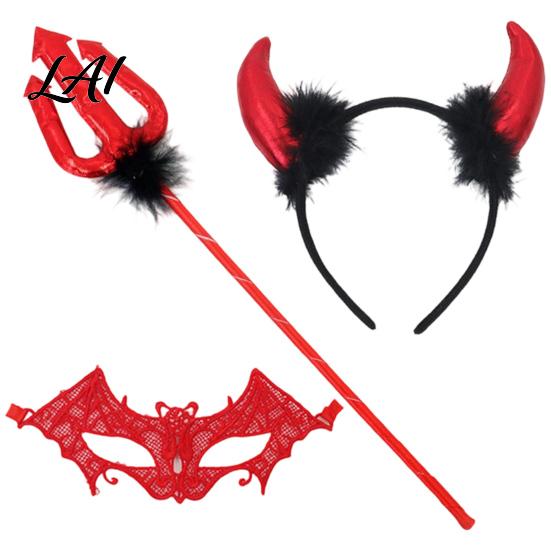 Red Black Devil Outfit Accessories Horns Headband Pitchfork Lace Eye Masque Set Halloween Dark Style Costume for Party Demon Adults Masquerade