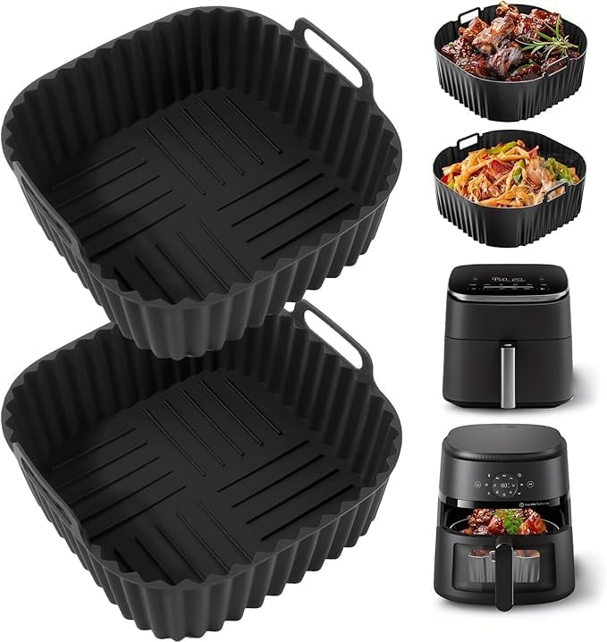 Air Fryer Silicone Liners Square 2 Pack 8 Inch Airfryer Liners 4-7 QT Reusable Air Fryer Liners Pot Oven Liner Baking Tray, Basket Mat Bowl