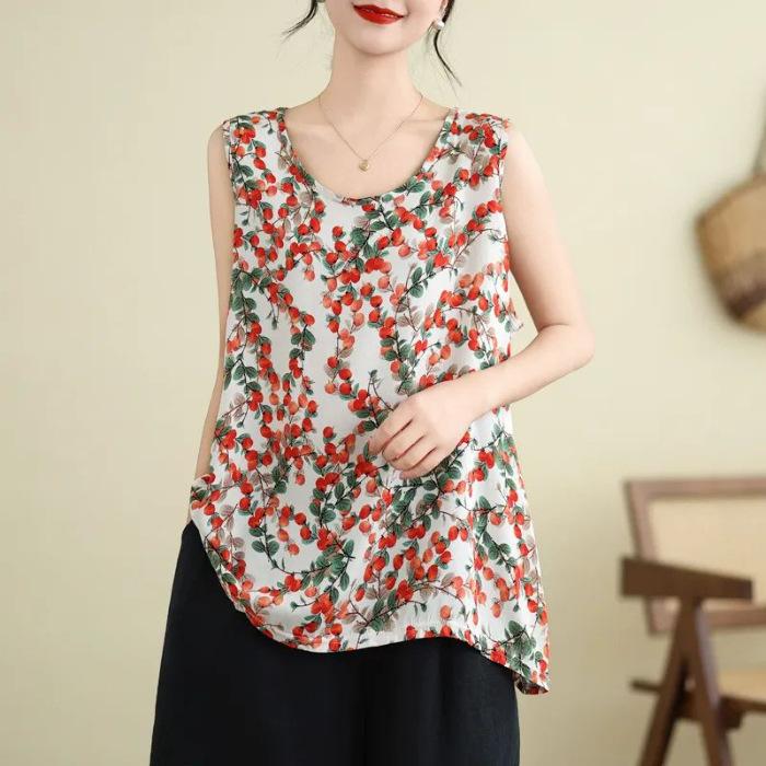 New Summer Large-size Women's Vest Ice Silk Wrinkled Loose Belly Covering Bottom Shirt Mother Wear Middle-aged and Elderly Round Neck Top