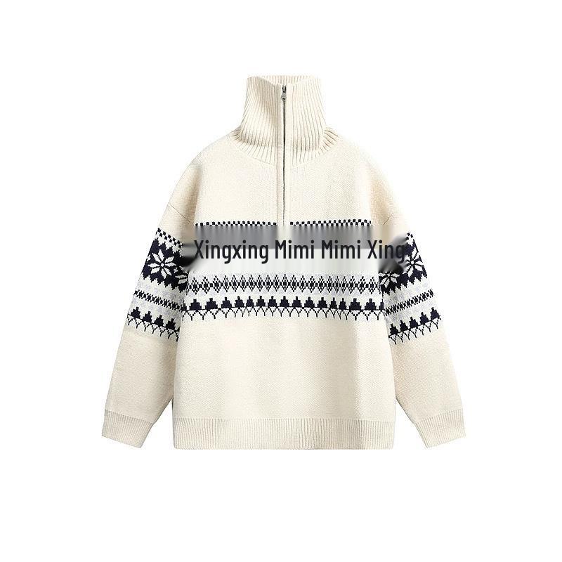 

Men s Fair Isle Jacquard Half-Zip Stand Collar Christmas Cardigan Sweater XXL бежевий
