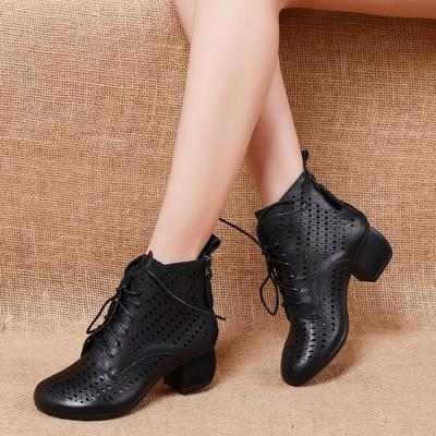 Mode GKTINOO 2025 Sommer Stiefeletten Echtes Leder Schuhe Damen Mittelhoher Absatz Reißverschluss hinten Stiefel Ausgeschnitten atmungsaktiv Mujer Zapatos