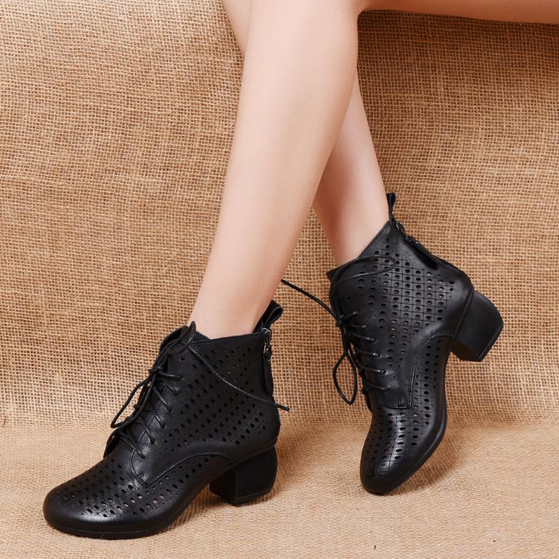 GKTINOO 2025 Summer Ankle Boots Genuine Leather Shoes Women Med High Heel Back Zipper Boots Cutout Breathable Mujer Zapatos