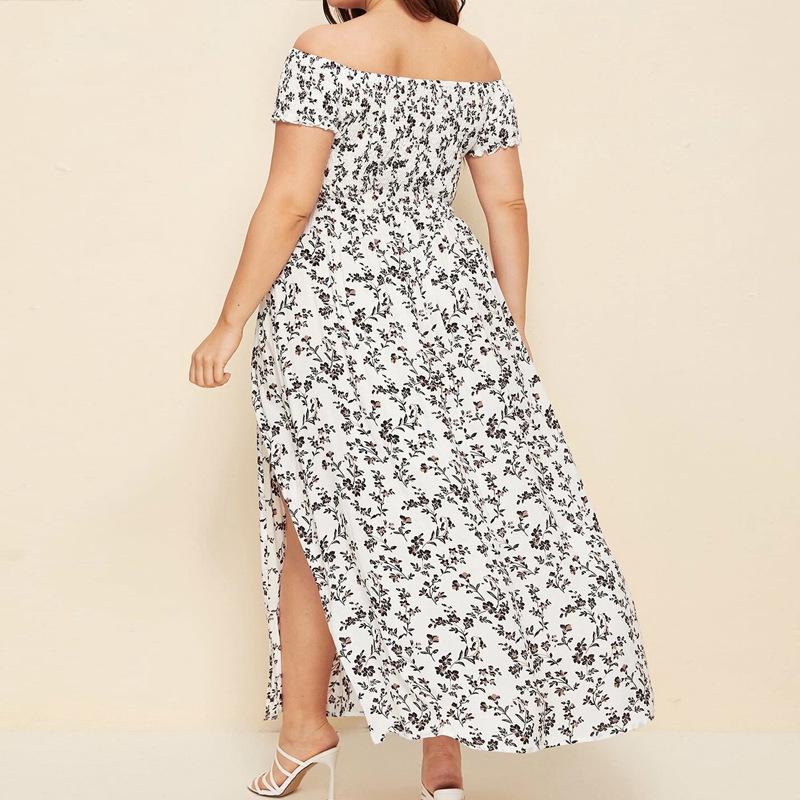Summer Dress Plus Size Casual Bohemian Printed Strapless One Neck Split Dress Long Floral Dress