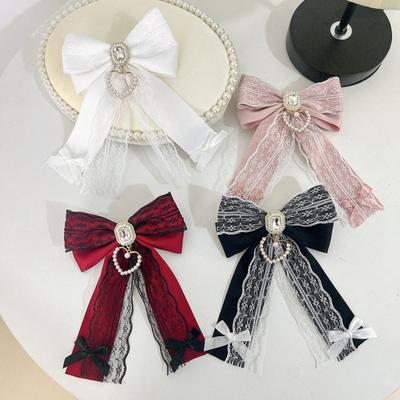 Handmade Fabric Lace Bow Brooches for Women Rhinestone Crystal Ribbon Bowknot Shirt Collar Pins Vvintage Jewelry Accessories