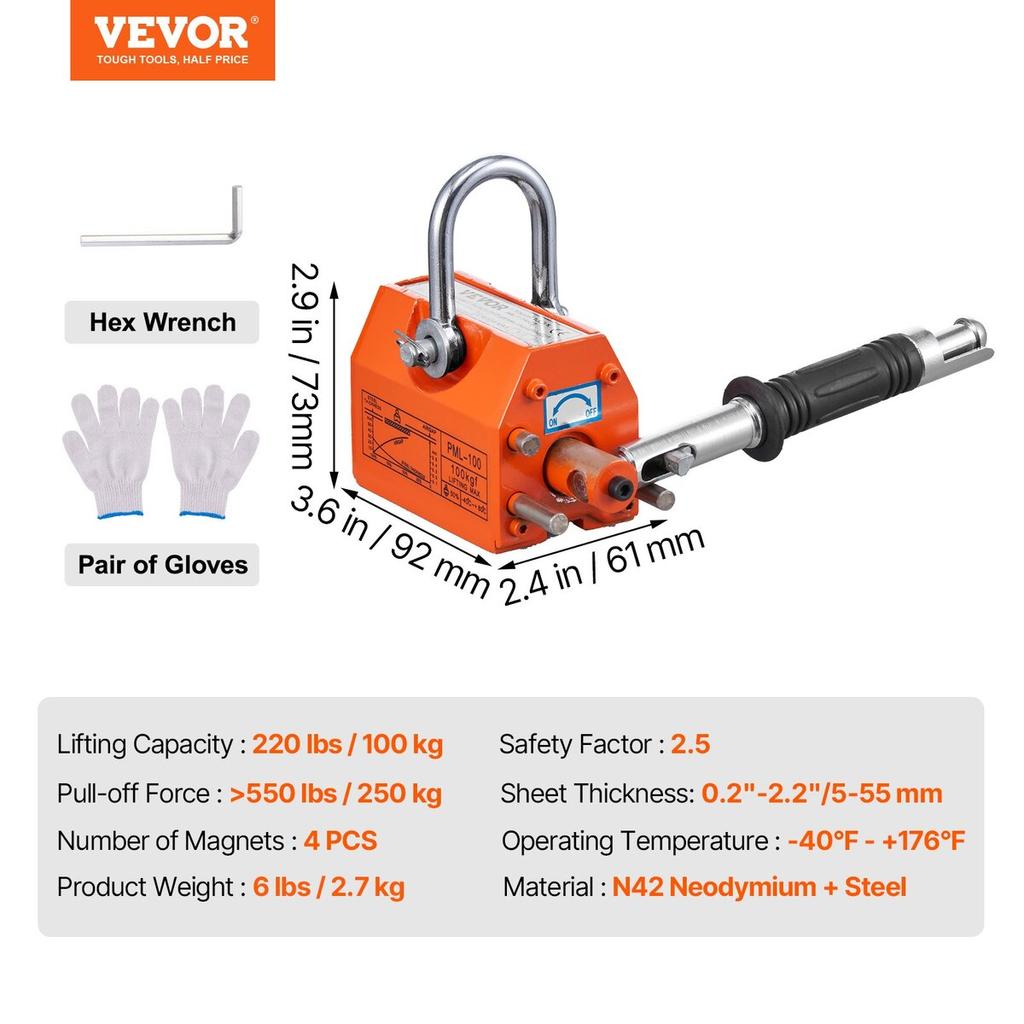 Magnetic Lifter, 220 lbs/100 kg Pulling Capacity, 2.5 Safety Factor, Neodymium & Steel, Lifting Magnet with Release, Permanent Lift Magnets, Heavy