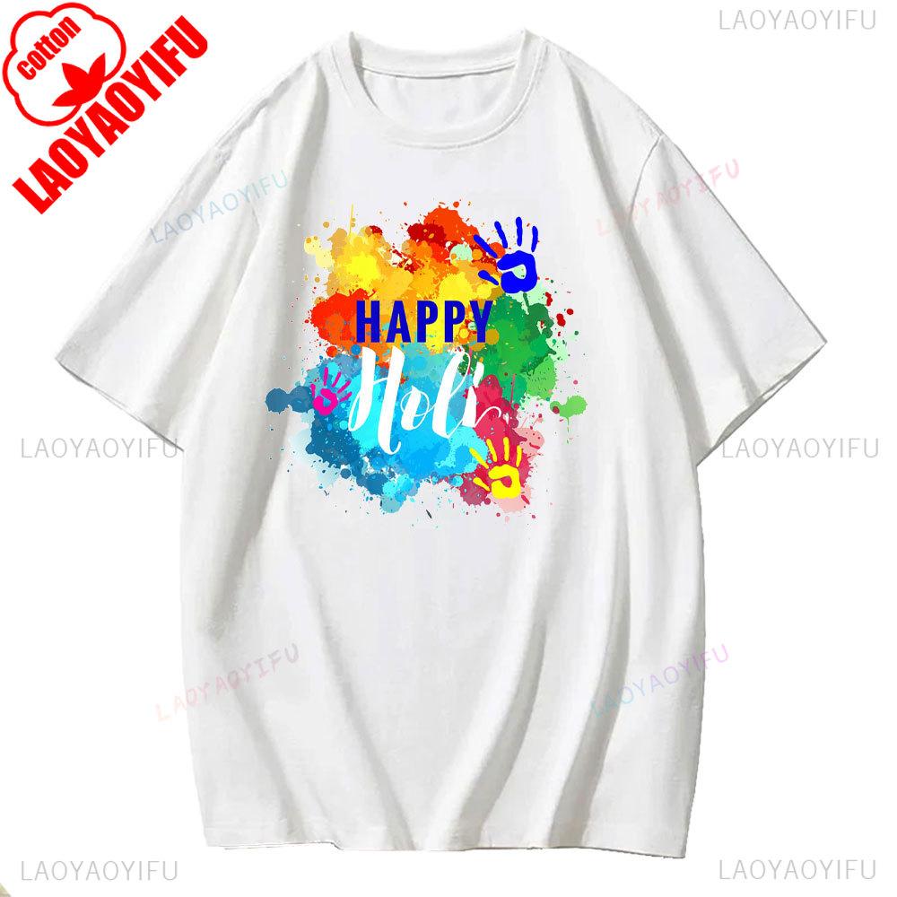 Holi Celebration Graphic TShirt Spring 2025 Streetwear Short Sleeve Unisex Fashion for Youth Adults Hindu Festival of Colors
