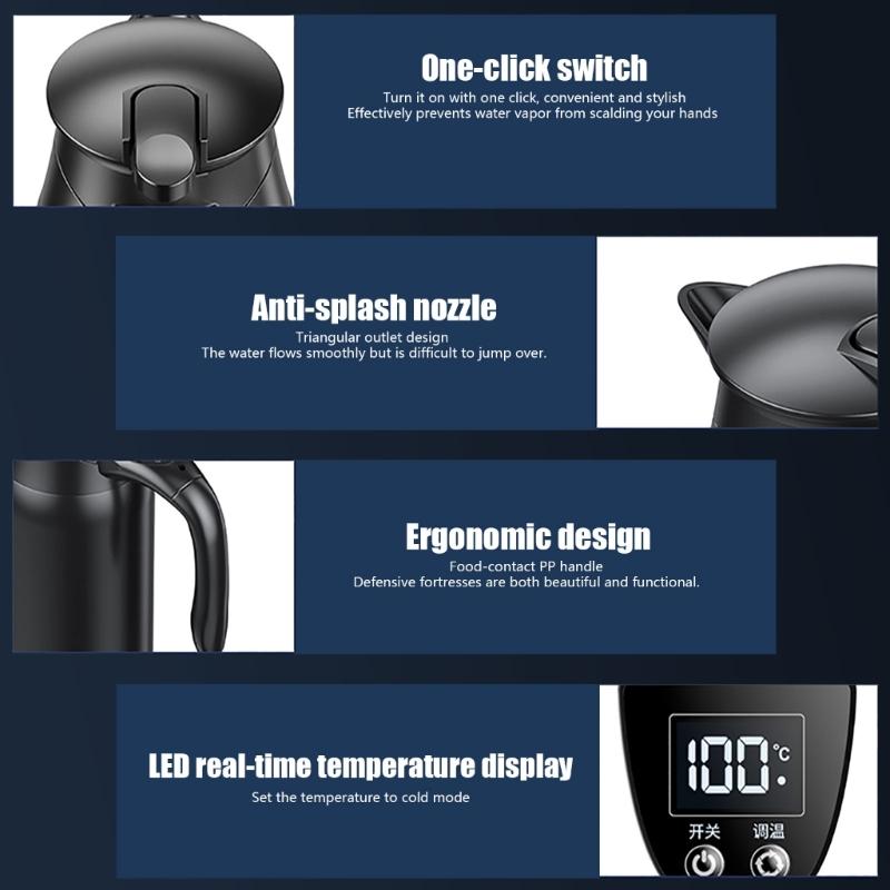 Elektrischer Wasserkocher mit hoher Kapazität für das Auto, 800 ml, mit digitaler Temperaturregelung, doppelwandiger Isolierung, 12V 24V Universal