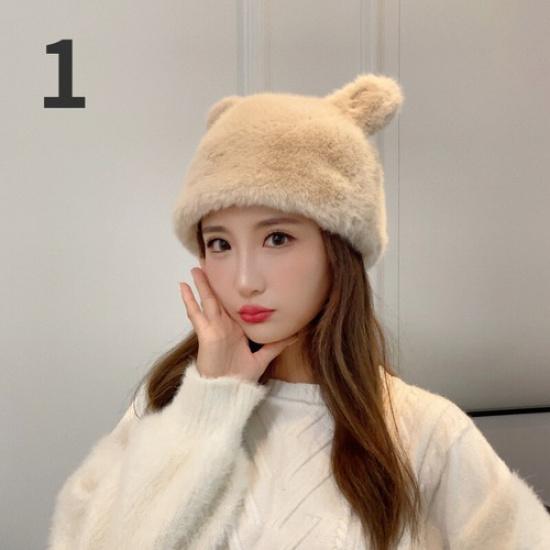 Women Girl Beanie Hat Faux Fur Cute Bear Ear Cap Warm Fluffy Plush Winter  Soft 1