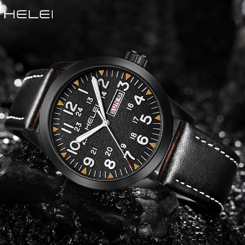 New HELEI Herey Men's Watch Leather Waterproof Luminous Watch Quartz Watch Calendar Week Display