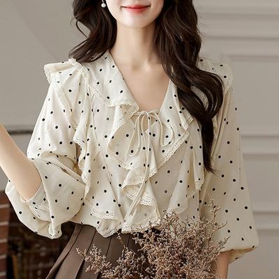New 2024 Fashion Autumn Long Sleeve Ruffles V-Neck Casual Dot Blouse Shirt Women Tops Blouses Shirts J422