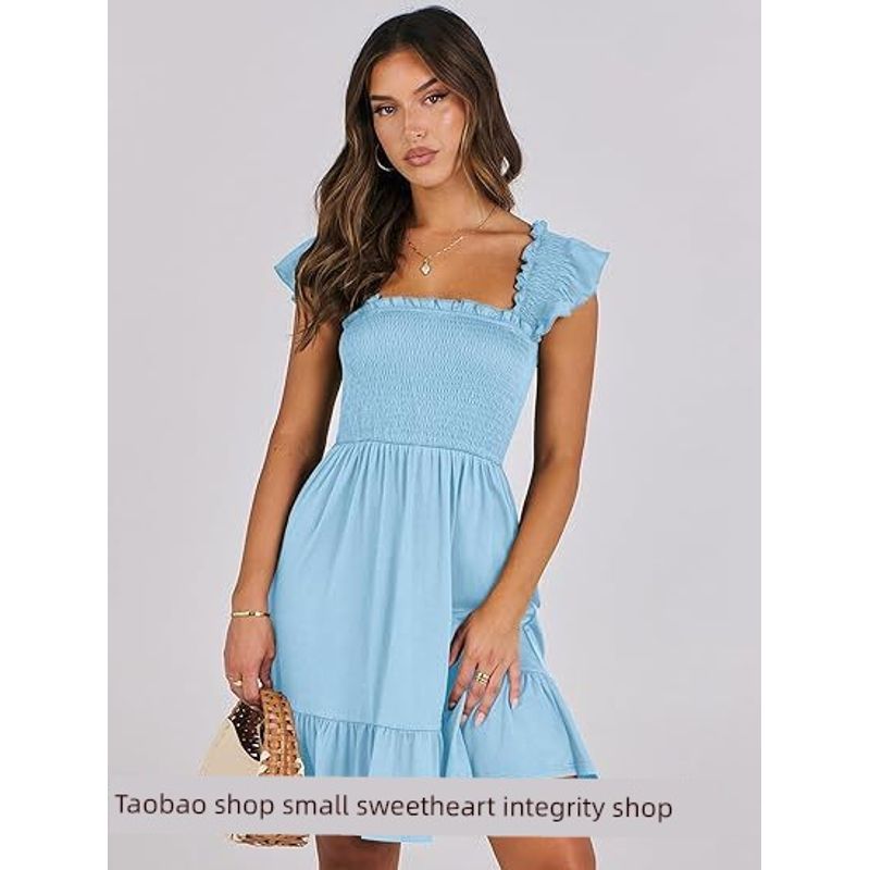 

Sleeveless Square Neck Pleated Backless Short Mini Dress Light Blue M