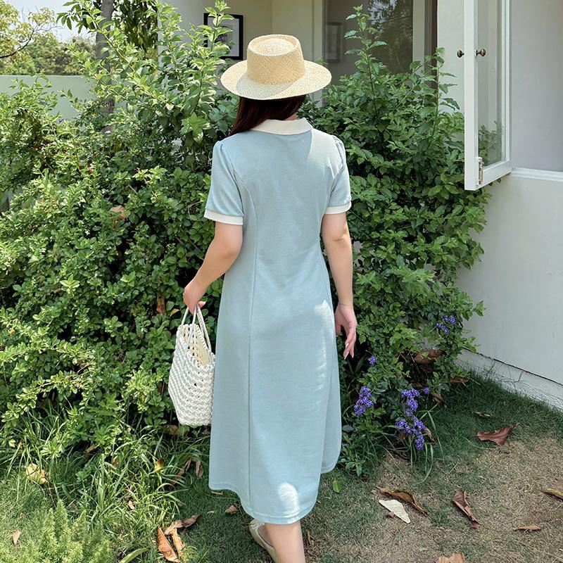 Large Size Women's Clothing Contrasting Color Polo Collar Dress, Summer New Waist and Age-reducing Medium and Long Dress 222191