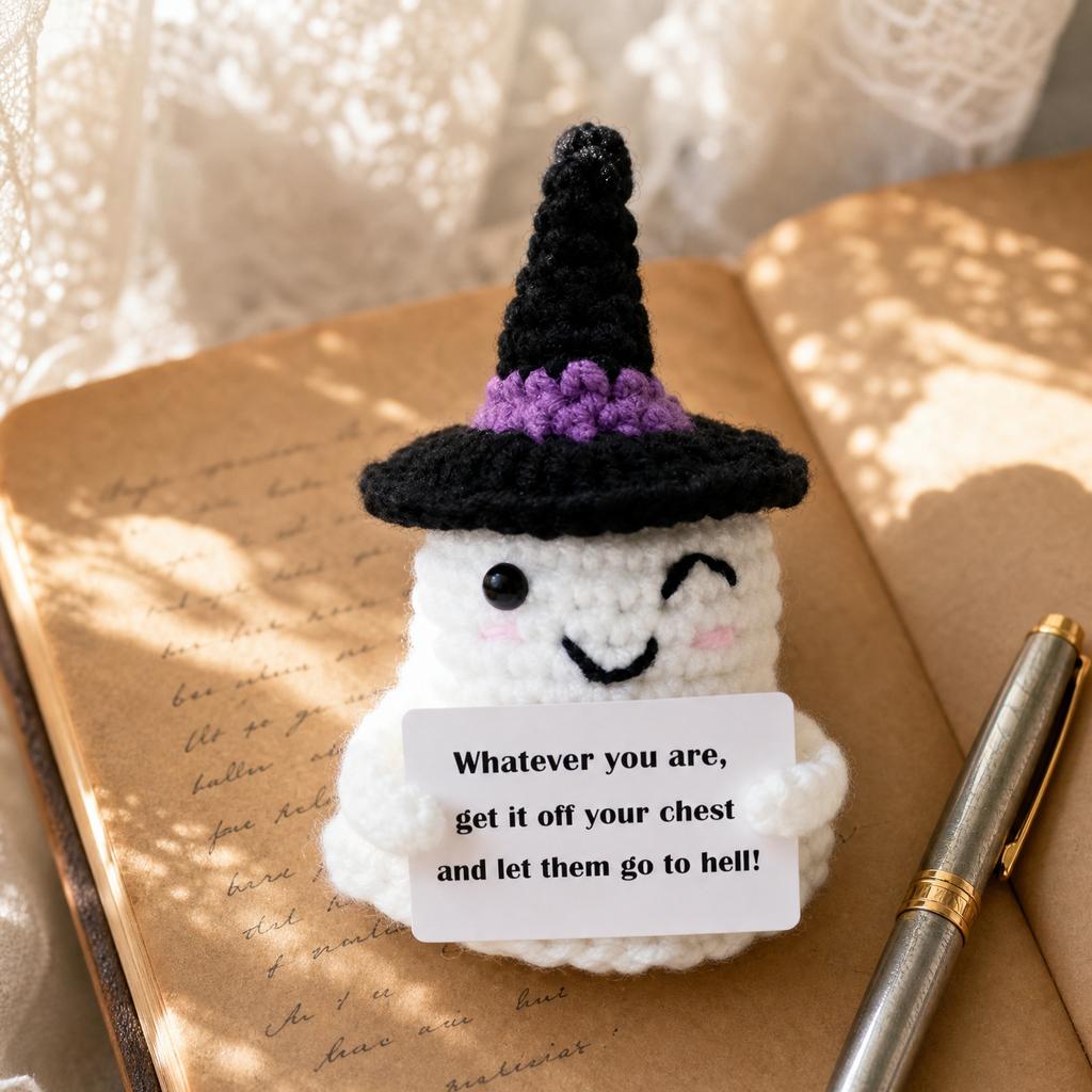Muñeca de Felpa Tejida a Mano Juguete de Halloween Suave Rellena Amigurumi Fantasma Tejido a Mano Decoración para Exhibición Estacional y Coleccionable