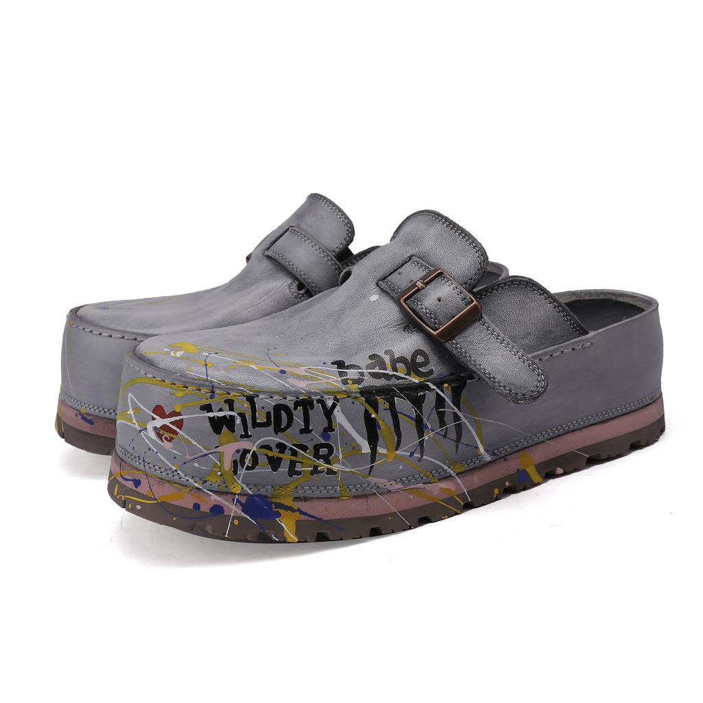 Johnature Hand Drawn Genuine Leather Thick Soled Shoes Fashion Round Toe Height Increasing Slippers