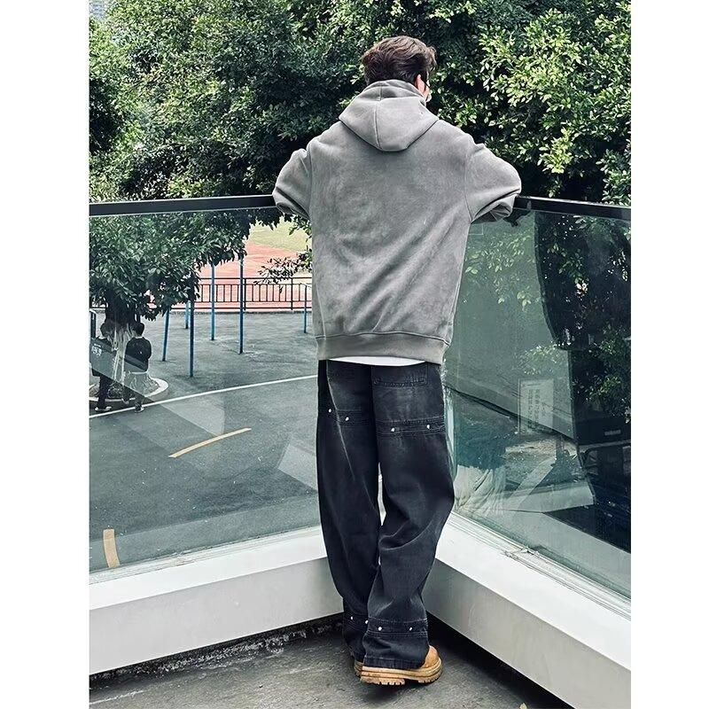 High Street Džínové Kalhoty pro muže, Retro Distressed, Volné Rovné Kalhoty, Široké Sportovní Kalhoty, Trendy