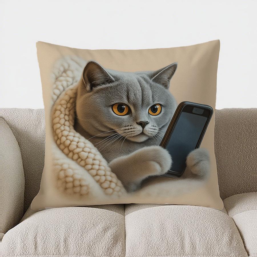 Home Decor Cute Cats In Pjs Holding Phone Pillow Cover Pattern Cushion Cover Suitable For Sofa Bedroom Car Pillow Cover