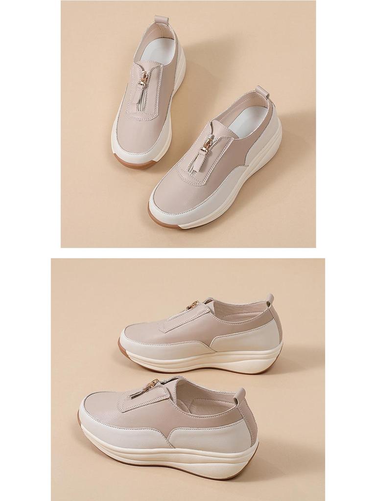 Pantofi sport pentru femei, primăvara 2025: Design cu fermoar gol, vârf din piele naturală, mărime mare, talpă groasă, stil de mamă.