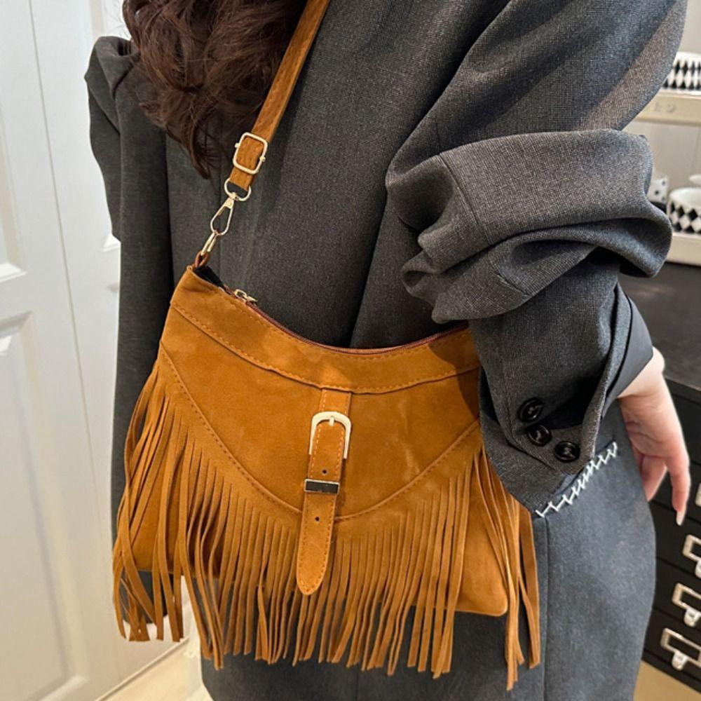 Koreaanse Stijl Kwastjes Schoudertas Effen Kleur Onderarm Tassen Zoete Suède Handtas Dames