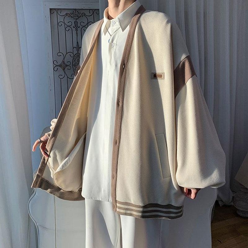 Korean Spliced Loose Cardigan Autumn Winter Contrasting Colors Men's Clothing Casual V-Neck Chic Patch Designs Knitted Sweaters