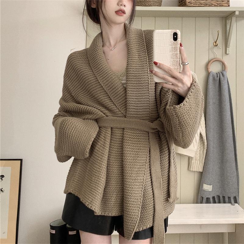 Lace-up sweater jacket women's autumn and winter new French design sense loose lazy style thin V-neck knitted cardigan women