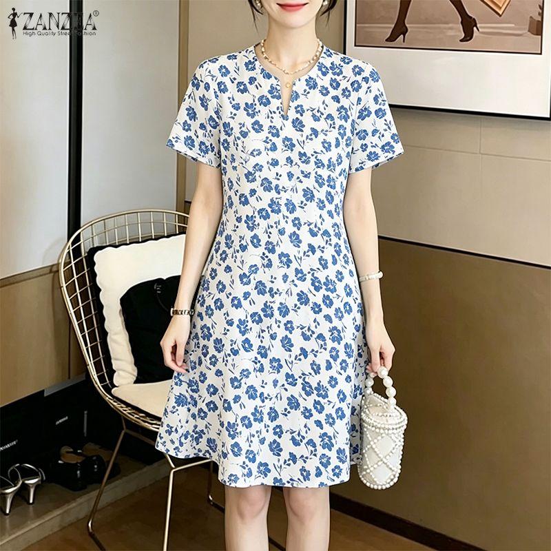 ZANZEA Women V-Neck Loose Summer Casual Floral Print Short Sleeve Dress