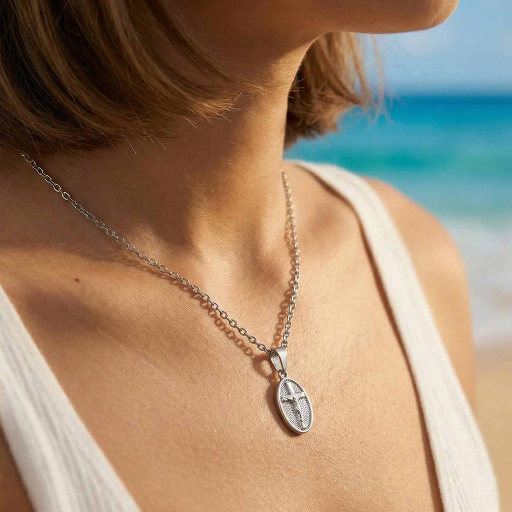 Stainless Steel Jesus Cross Oval Pendant Necklace for Women, Anti Tarnish Religious Prayer Communion Jewelry Gift