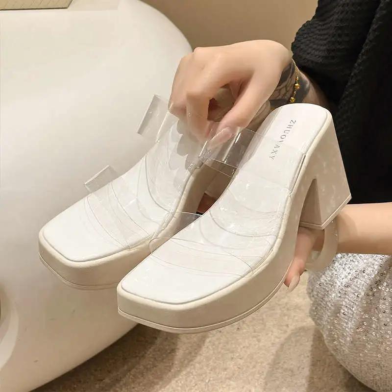 WTEMPO High Heel Sandalen Damen Sommer Dicke Weiche Sohle Einzigartiges Transparentes Obermaterial Design Aprikosenfarbene Sohle Dicker Absatz Atmungsaktive Mode Vielseitige Slipper