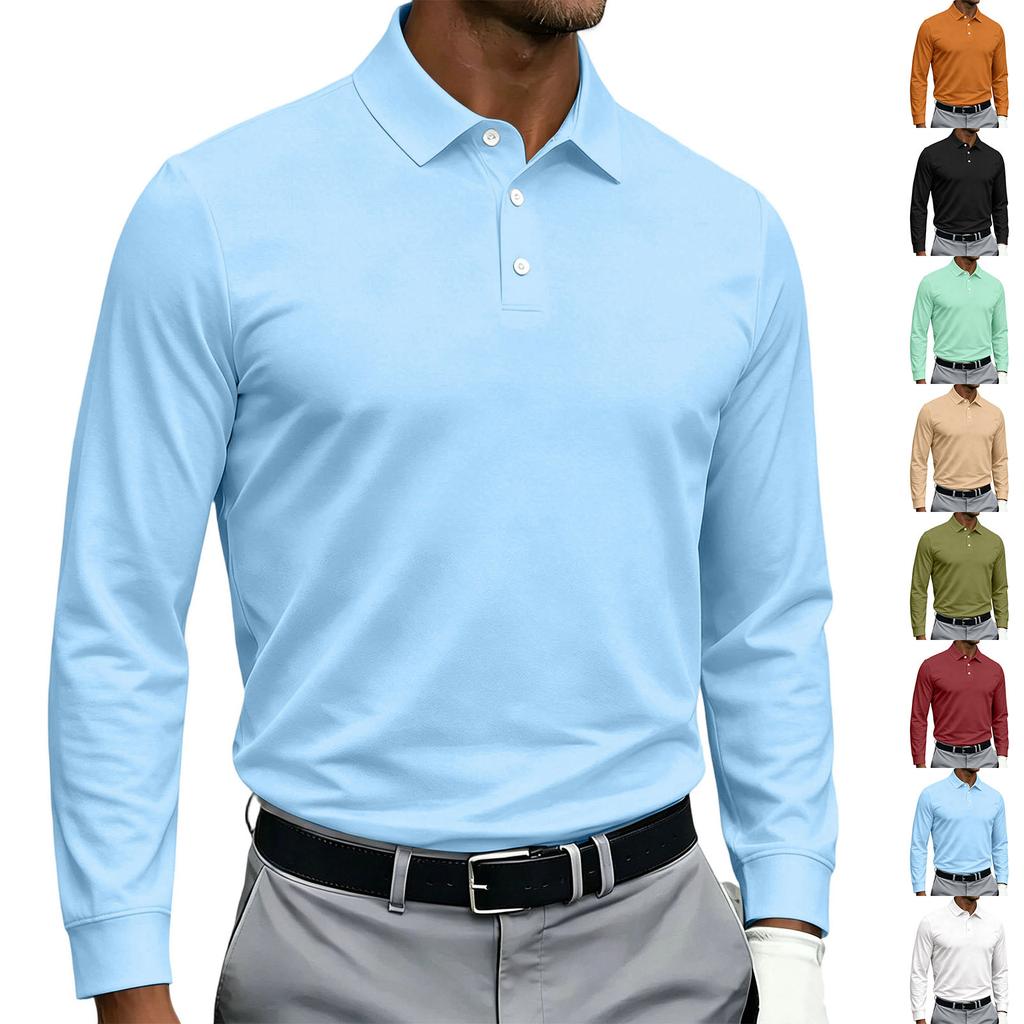Men's Quick Dry Breathable Golf Polo Shirt Long Sleeve Button Design Casual Collar Athletic Sports Shirt