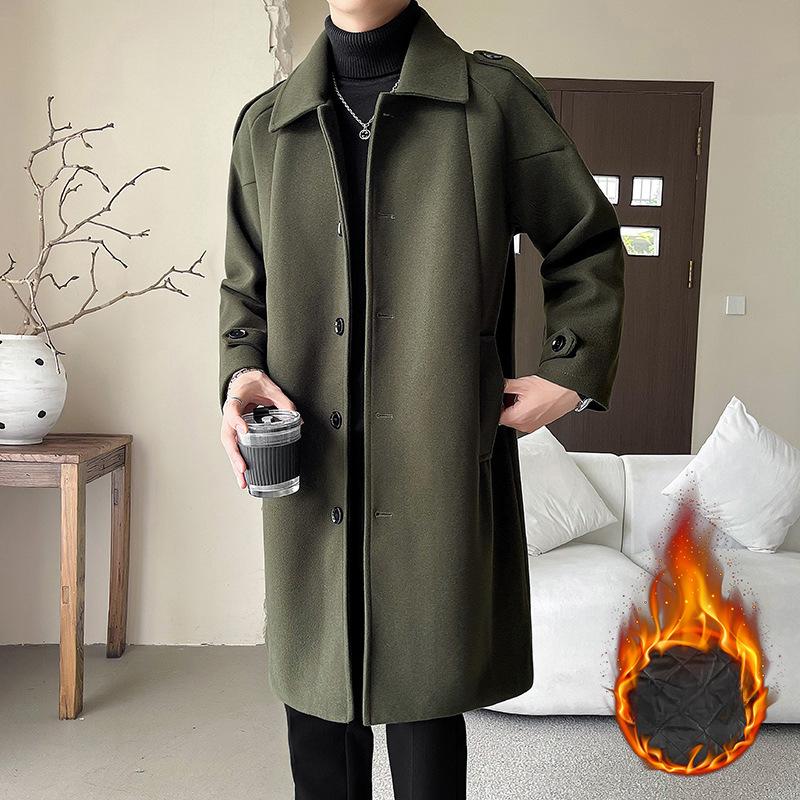 Autumn and Winter Korean Style Fashionable Single-breasted Mid-length Windbreaker Loose Coat Woolen Coat Men's Cotton Coat