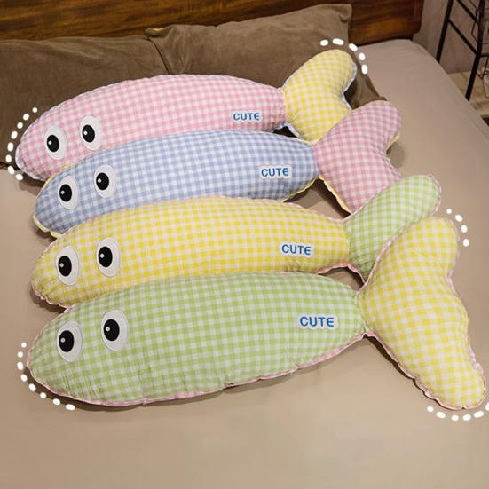 Stuffed Long Fish Pillow Cute Plaid Fish Cuddly Plush Toy Leg Pillow Back Support Headboard Cushion for Side Sleeping Sitting