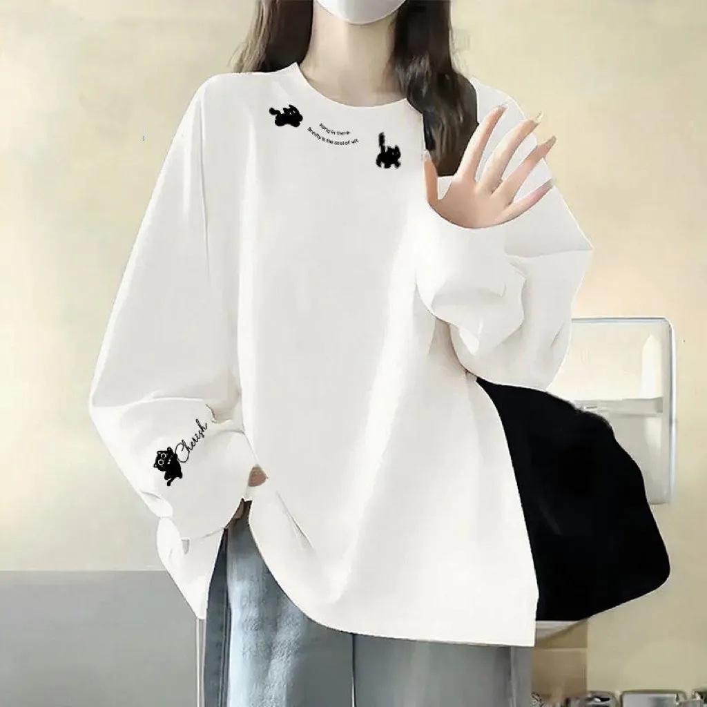 Women's Plus Size Pure Cotton Long Sleeve T-shirt, College Style, Round Neck, for Spring and Autumn