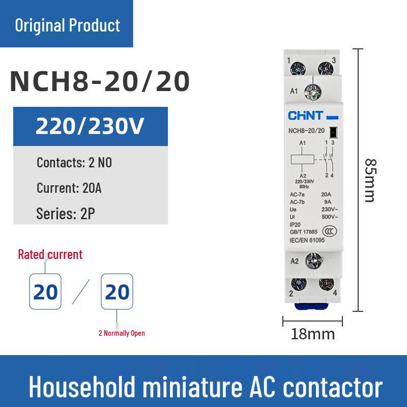 Chint Single-Phase AC Contactor NCH8-20/20, 20A, 240V, 2P, DIN Rail Mount