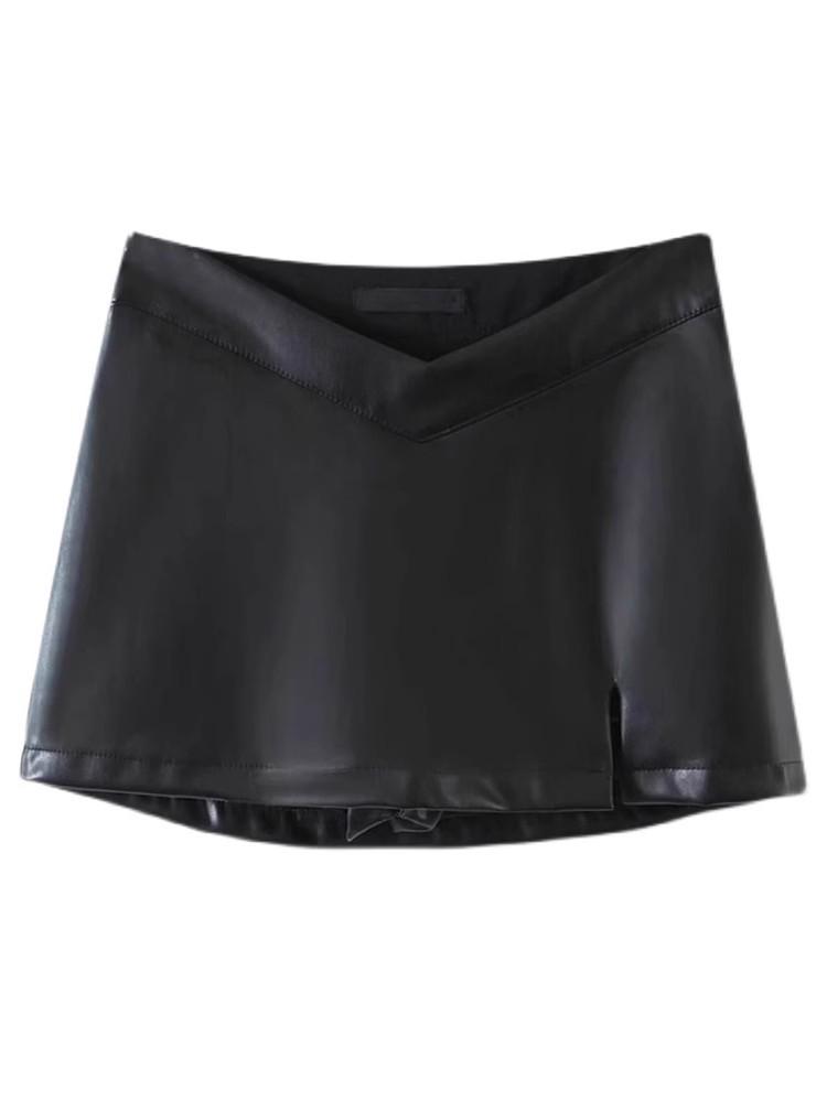 Petite Women's Autumn 2024 Black High Waist PU Leather Slit Bodycon A-line Mini Skirt