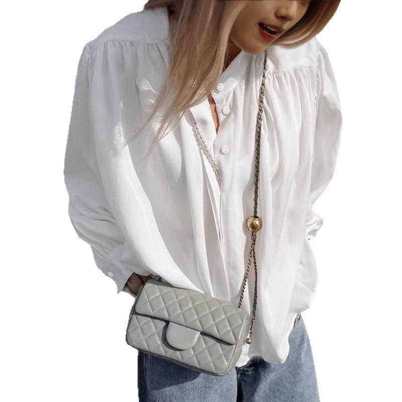 Temperament white stand-up collar shirt women's 1116 autumn old money style loose women's shirt medium and long women's clothing