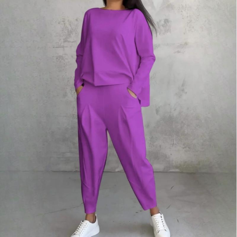 

Весенне-осенний женский повседневный костюм, однотонный, с круглым вырезом, с длинными рукавами, женские брюки с карманами, женские брюки XXXXXL фиолетовый
