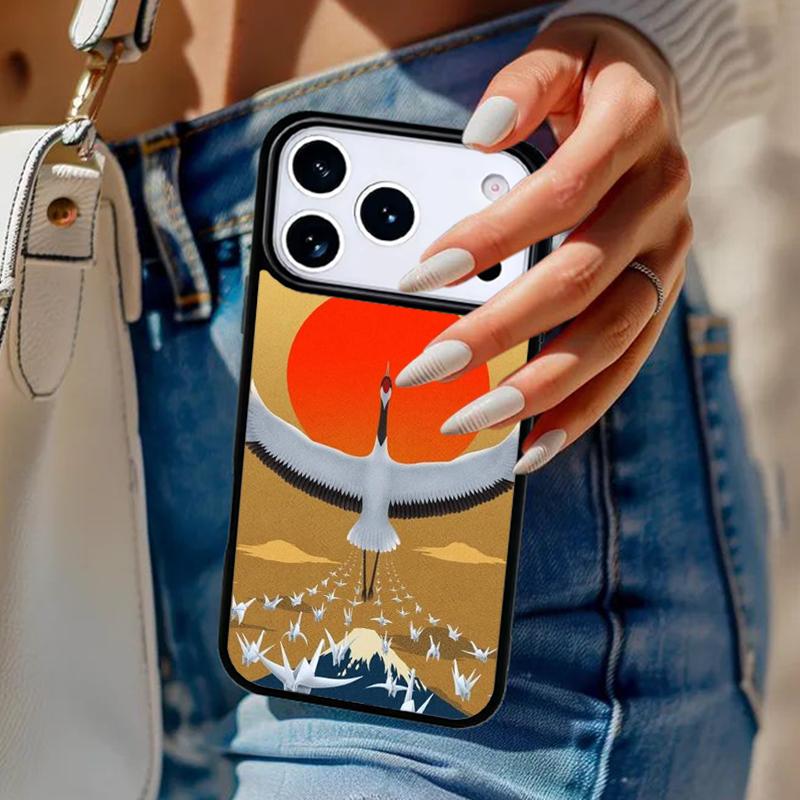 Red Sun Japanese Flying Crane Phone Case For iPhone 17 Air 14 15 13 12 Max Cover For Apple 16e 11 Pro Max Plus Coque