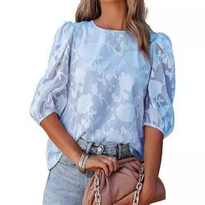 Nouveau chemisier en mousseline pour femme Printemps et Été Manches bouffantes florales Mode Col rond Coupe ample