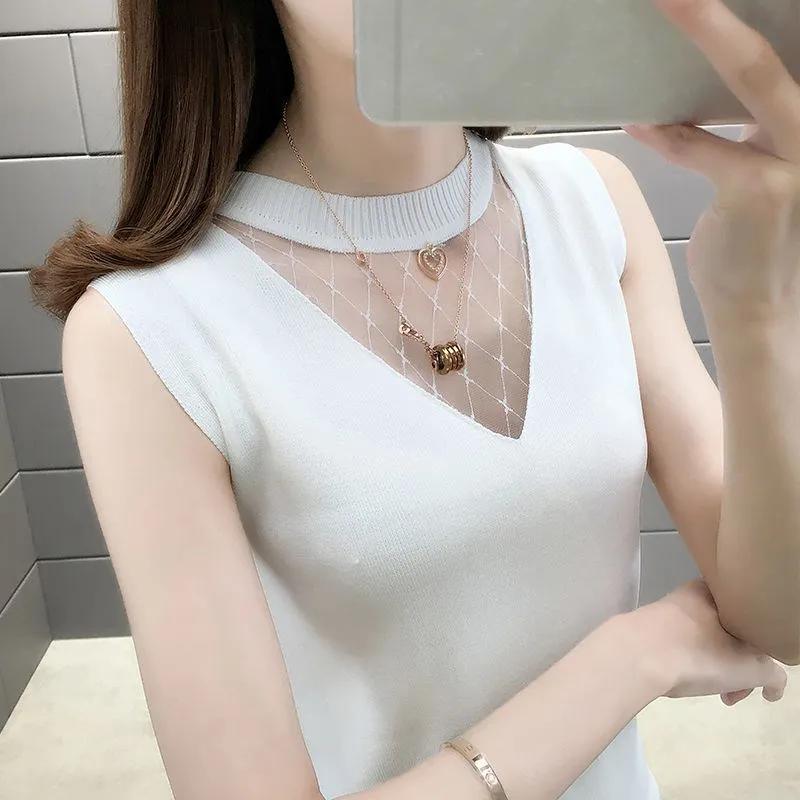 WTEMPO Lace Patchwork Ice Silk Knitted Vests Camisole Tops Women's Spring Summer V-neck Sleeveless Short Loose Bottom Tops