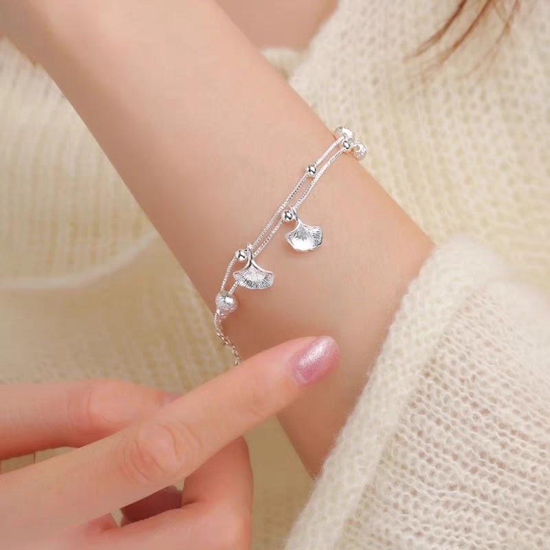 Three Lives Apricot Bracelet: Women s S925 Sterling Silver Double-Layer Ginkgo Leaf Light Luxury High-End Design 925 Sterling Silver серебряный