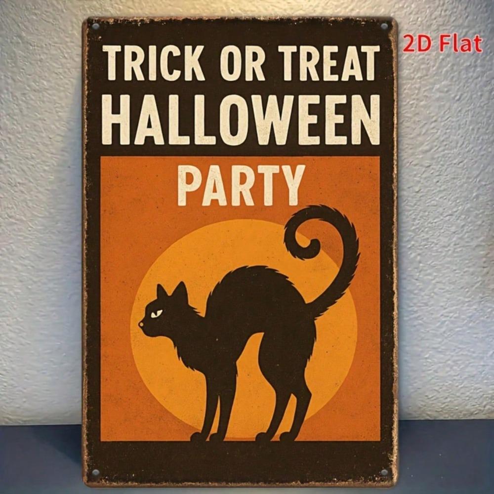 Vintage Halloween Metal Sign 8x12, Retro Black Cat Parade Wall Art, Iron Plaque for Bar, Restaurant & Party