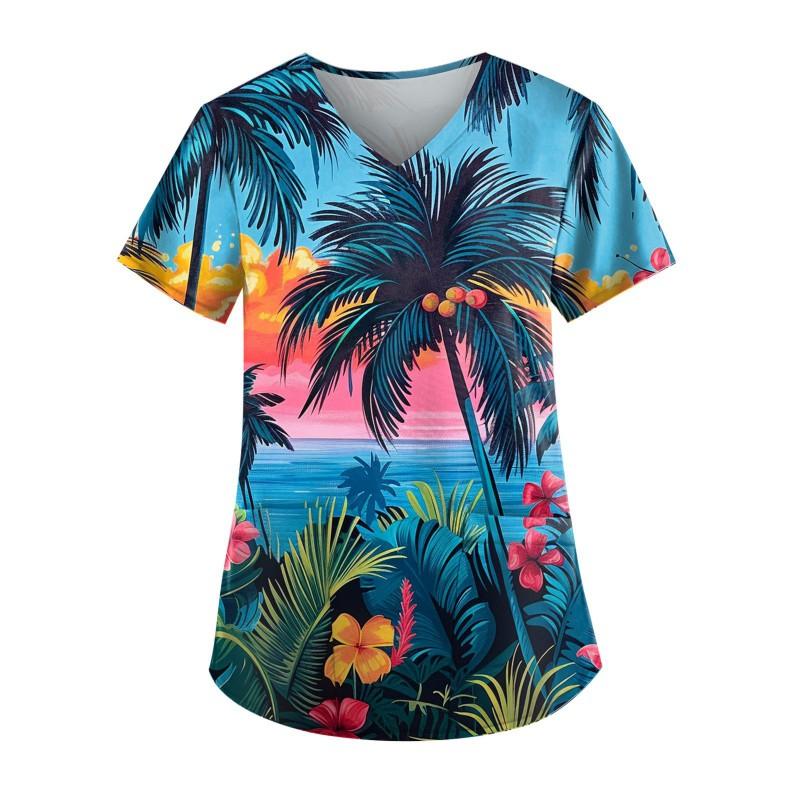 V-Neck Short Sleeve Nursing Scrub Top Women Fashionable Casual Workwear With 3D Print Design Slim Fit 2025 Collection