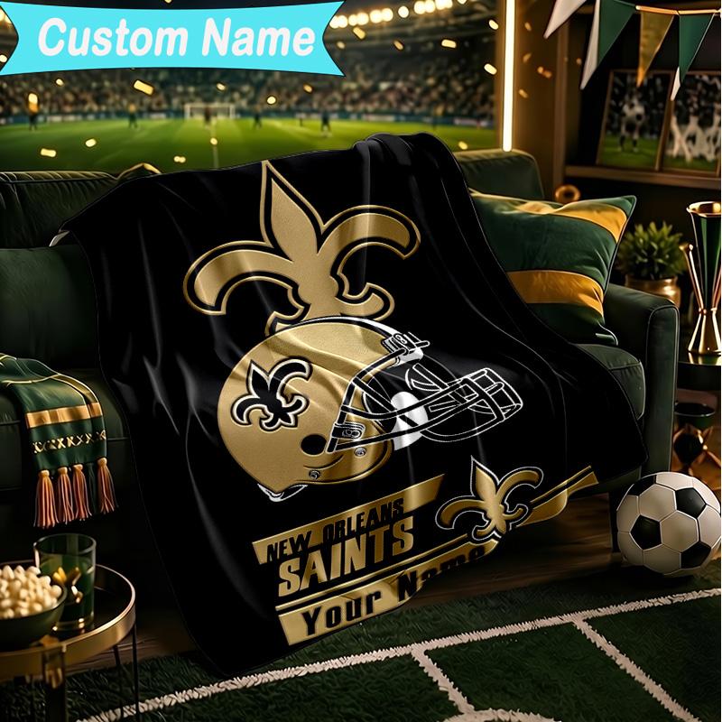 1PC Custom Name Blanket Orleans Saints Logo Flannel blankets Patterns Throw Blanket All-Season Soft Gift for Couch, Bed, Camping, Birthday gifts