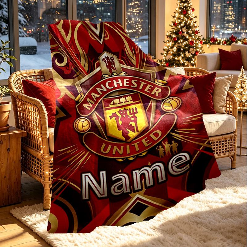 Custom Name Personalized Manchester United Print Blanket, Home Decor, Bedroom, Sofa, Camping, Couch, Gifts for Birthday Christmas