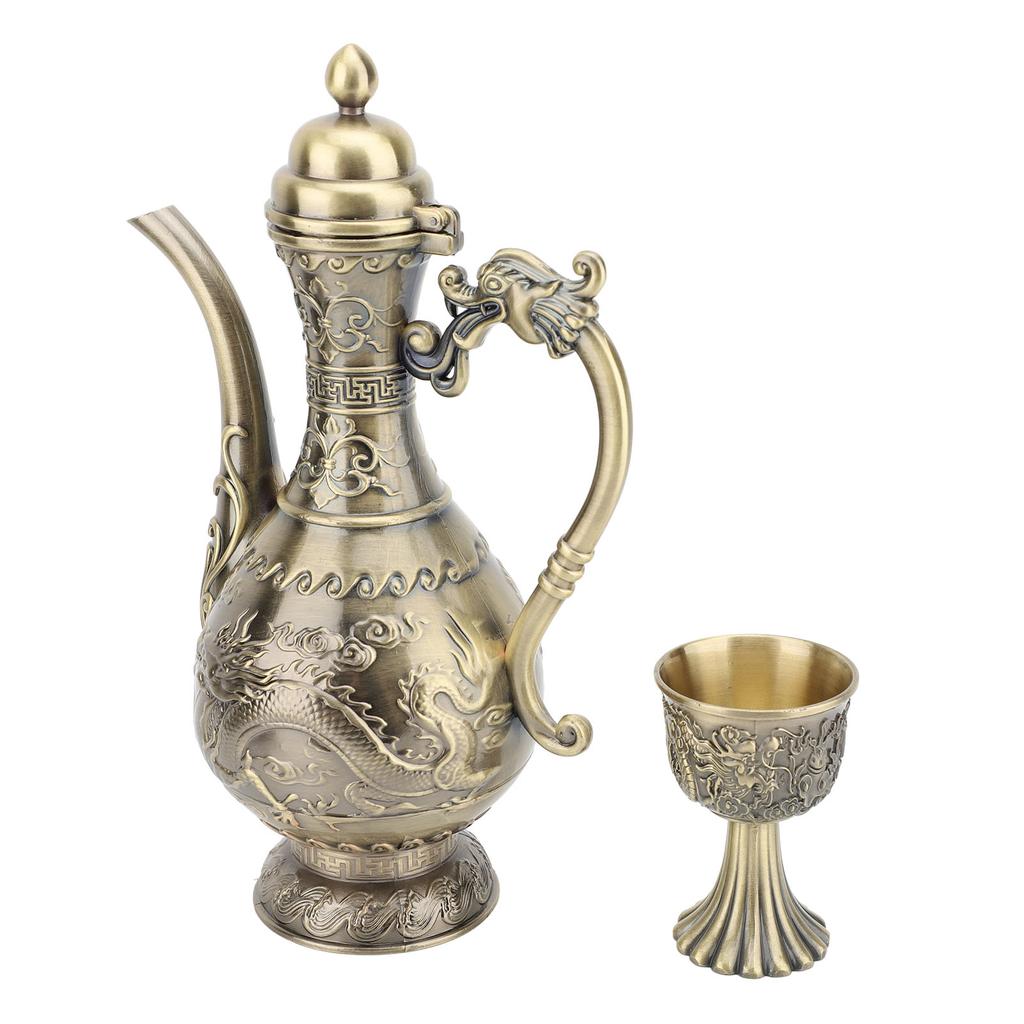Turkish Tea Set Vintage Exquisite Luxurious Metal Teapot Tea Tray and 4 Cups Set for Home Bronze