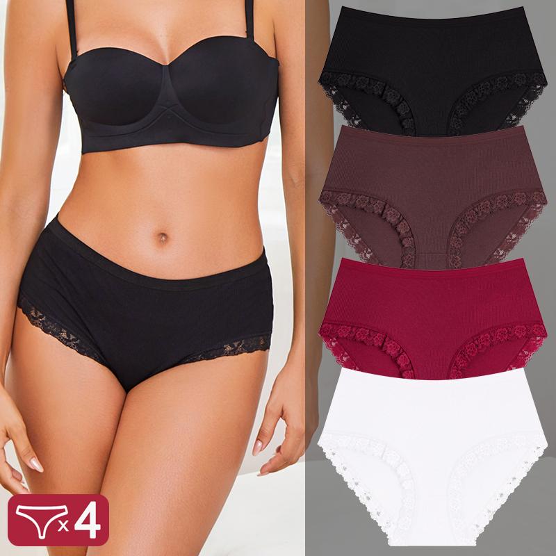 FINETOO 4Pcs/Set Ladies Mid Rise Underwear Cotton Ribbed Panties Floral Lace Edge Underpants Breathable Soft Women Briefs Multi‑color