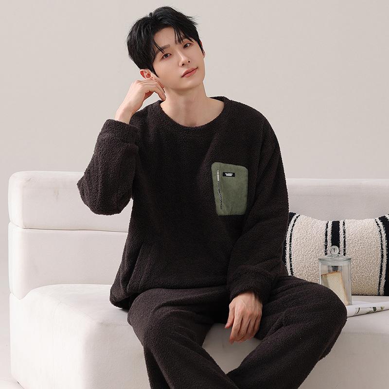 Half Fleece Couple Pajamas Autumn And Winter Coral Fleece Thickened Fleece Warm Suit Men'S And Women'S Casual Pullover Loungewear
