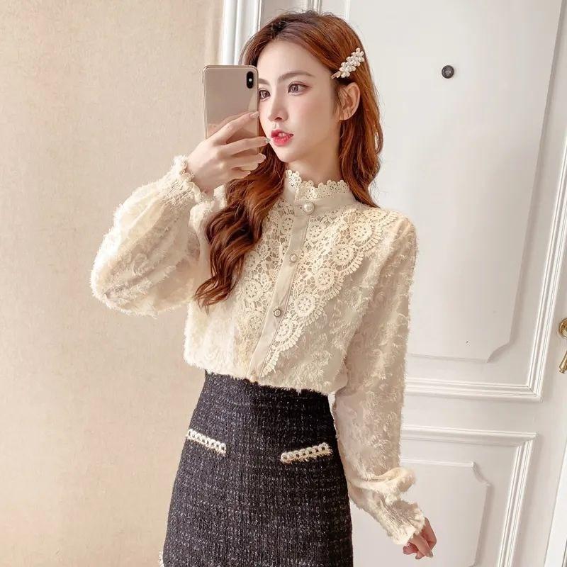 Lace Shirt for Women's Autumn and Winter, Semi-high-neck Loose Long-sleeved Stand-up Collar Shirt with Fleece and Thickening, Versatile Base Layer