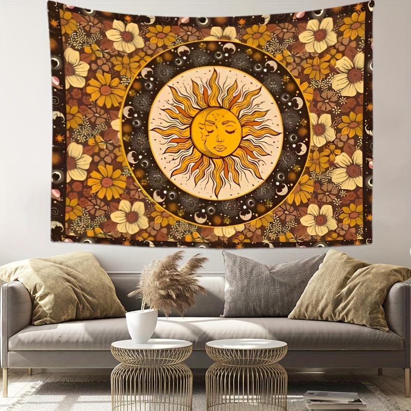 1 Bohemian Sun and Moon Tapestry with Floral and Celestial Patterns - Vintage Wall Hanging for Bedroom, Dorm, Polyester Fabric
